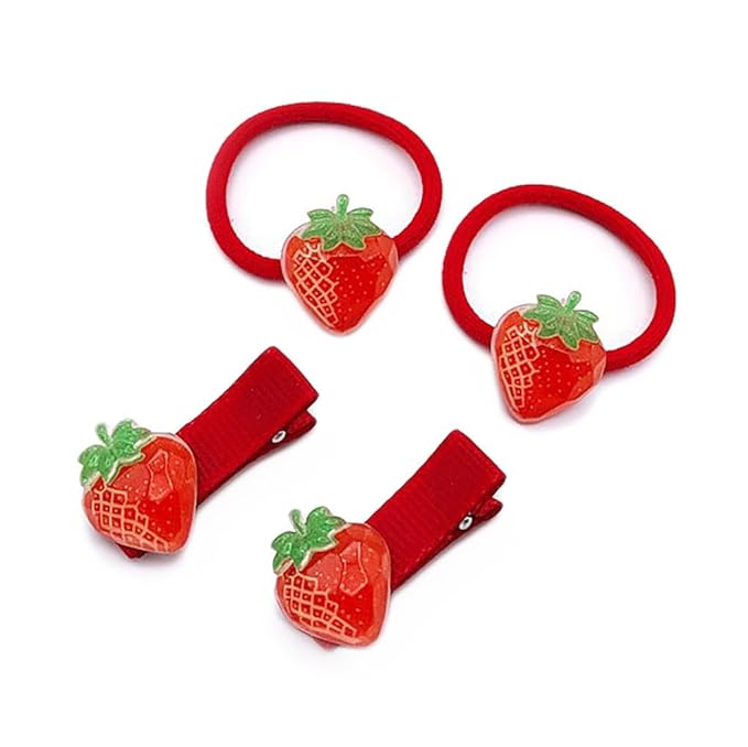 Strawberry Snap Clips Baby Girls Fruit Hair Bow Clips Strawberry Hair Ring Tie BBW24 (4 Pcs-A1)