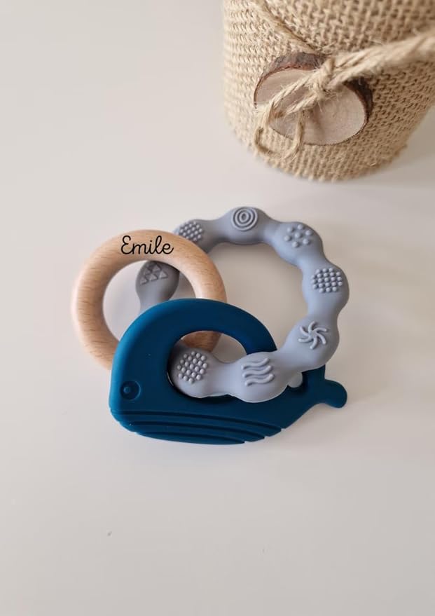 Personalized Silicone & Natural Wood Teething Ring/Rattle,Baby Teether Toys,Newborn Gift