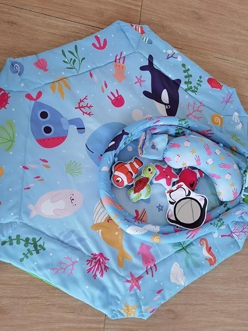 lulunemo Baby Play Mat,Tummy Time Mat with 6 Detachable Toys-Activity Gym for Visual, Auditory & Motor Development-Washable Baby Activity Mat for 0-12 Month Infants(Ocean)