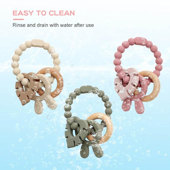 | Bohemian Teether | Baby Teether | Sensory Exploration and Teething Relief | 100% Food-Grade Silicone Teether Toy | BPA Free | Chewbeads | Silicone with Beechwood Ring | (Tan)