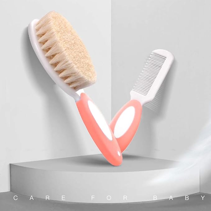 Baby Hair Brush and Comb Set for Newborns & Toddlers，Natural Soft Bristles，Ideal for Cradle Cap， Baby Registry Gift (Pink)
