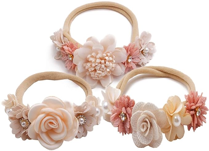 FGSS Floral-Headbands Flower-Crown for Baby Girls Elastic Nylon Hairbands for Newborn Infant Toddler Hair Accessories Pack of 3