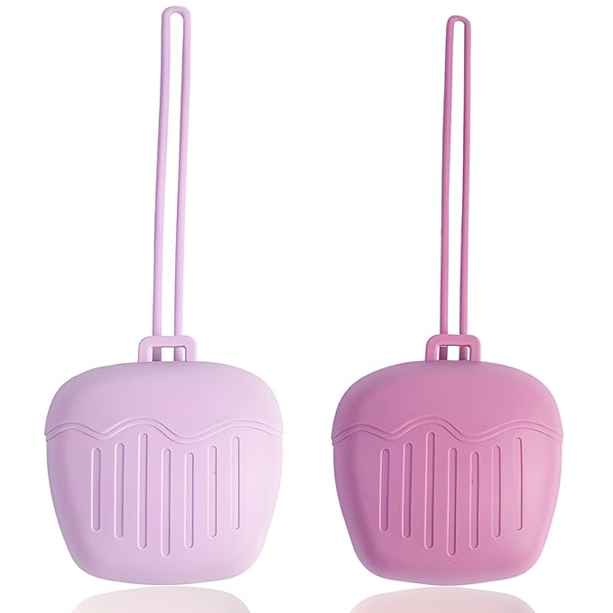Silicone Pacifier Holder Case - Leak-Proof & Portable Baby Pacifier Storage Carrying case with Leash, BPA-Free, for Boys Girls Toddlers (2-Pack Apple Shape, Pink)