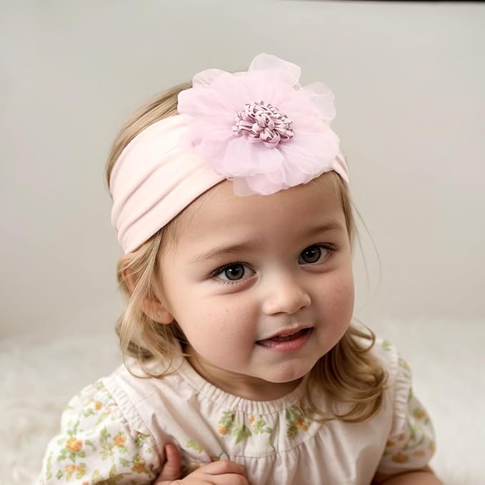 Large Flower Elastic headband for Baby Girl Infant Soft Fabric Chiffon Floral Hairband Toddler Newborn Christening Baptism Hair Accessories (Flower 2 - Purple, Elastic)