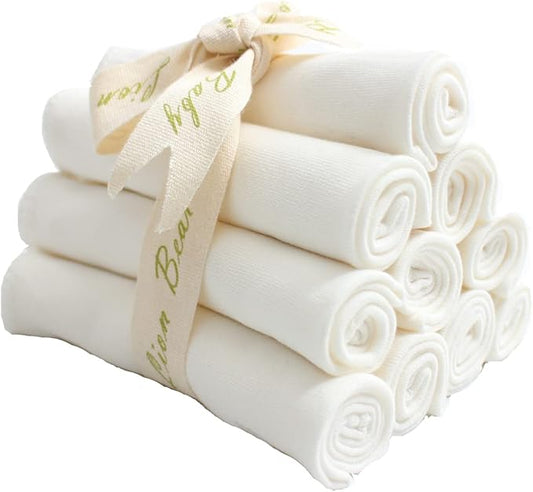Lion bear 10 - Pack Reusable Colored Organics Baby Washcloths, Soft Absorbent Organic Cotton Washable Saliva Towel Face Wipes, Newborn Bath Face Towel, Natural Baby Wipes for Sensitive Skin (White)