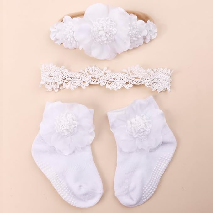cherrboll Baby Girl Headbands and Socks Set, 3Pcs Soft Floral Hairbands Hair Bows Knit Socks for Newborn Infants Toddlers Photography Props Gifts