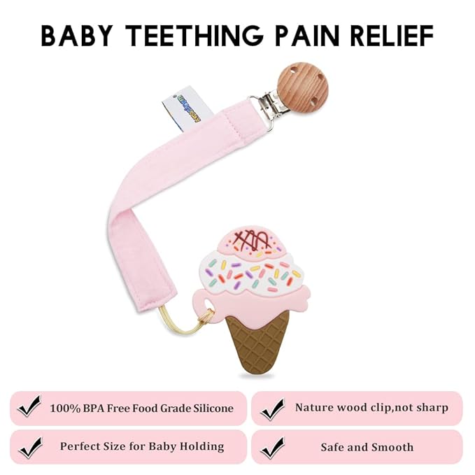 Baby Food Grade Silicone Teether Toy with Pacifier Clip Holder,Teething Pain Relief Toys Gift Set for 3 Months+ Boys and Girls,Freezer Safe,BPA Free (Ice Cream)