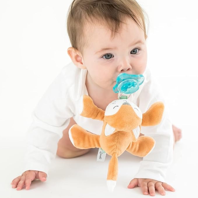 PaciBuddy Fox Pacifier Holder - Plush Toy with Universal Adapter & Detachable Pacifier, Gender Neutral Baby Gift for all Ages - Infant Plush Baby Toy, Versatile Baby Essentials, Binky & Soother