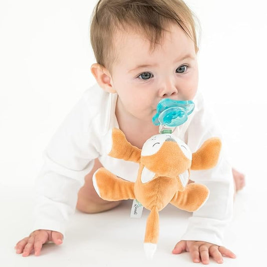PaciBuddy Fox Pacifier Holder - Plush Toy with Universal Adapter & Detachable Pacifier, Gender Neutral Baby Gift for all Ages - Infant Plush Baby Toy, Versatile Baby Essentials, Binky & Soother