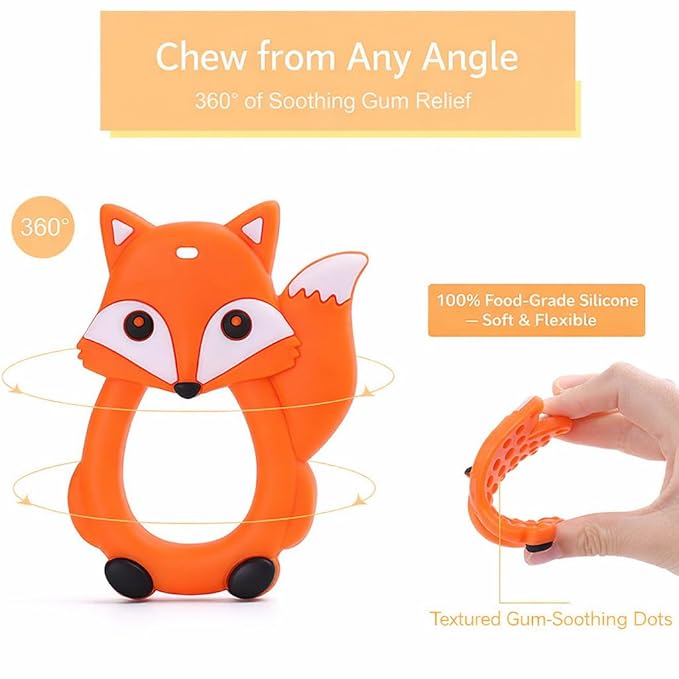 Fox Silicone Baby Teether – Orange | 100% Food Grade Teething Toy | Textured Gum-Soothing Dots & Easy Grip Ring | BPA-Free, Phthalate-Free | Chew from Any Angle | Sensory Toy 3-36 Months