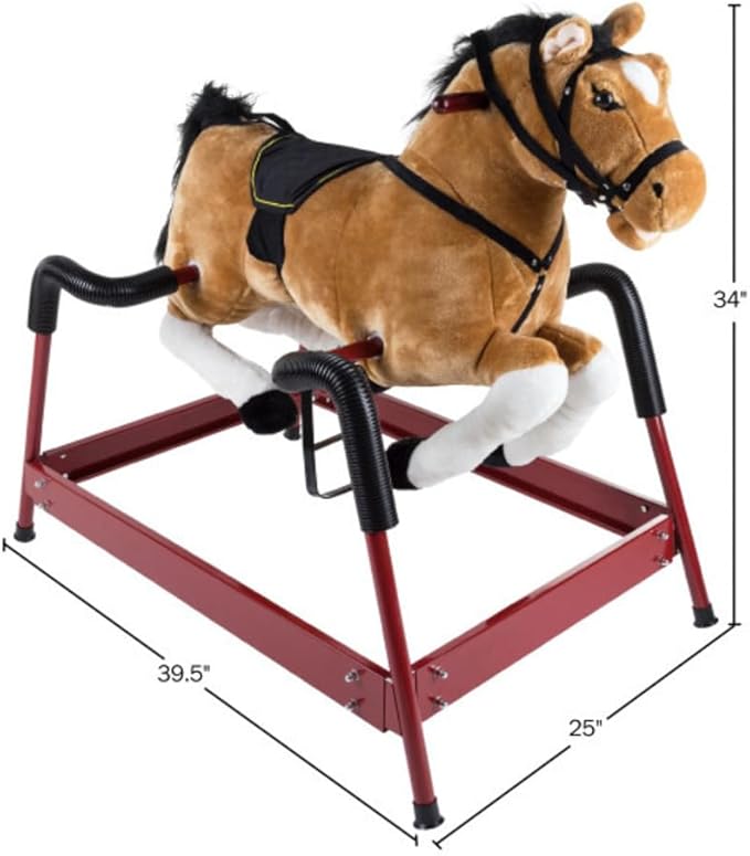 Spring Rocking Horse - Plush Bouncy Ride-On Toy with Fun Sounds, Wood Handles, and Adjustable Stirrups for Kids Ages 3 to 6 by Happy Trails (Brown)