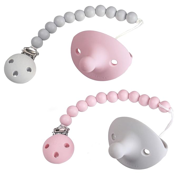 Kids Heroes Silicone Pacifier Holder Clip with One Piece Design for Baby, 2 Pack (Pink and Grey)
