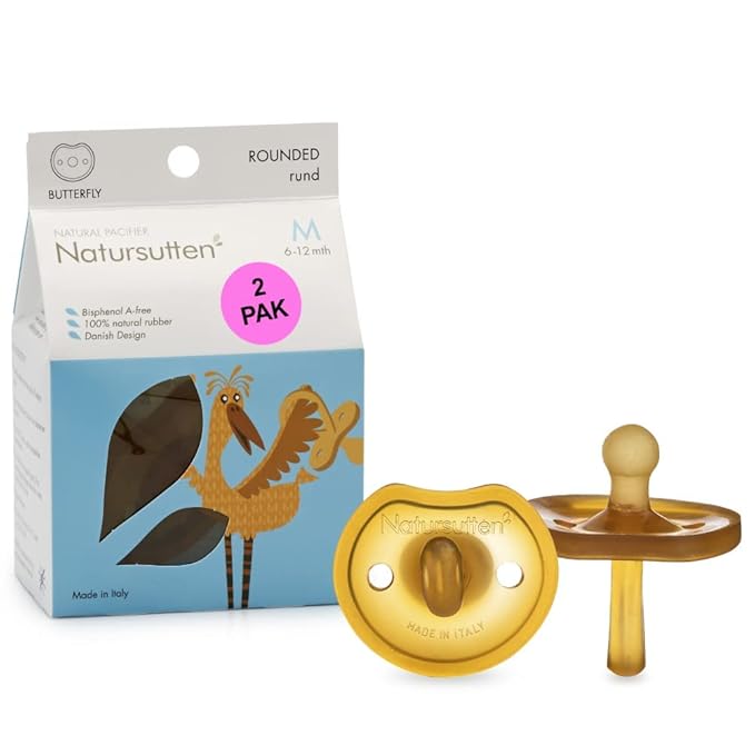 Natursutten 2-Pack Natural Rubber Pacifiers - Safe & Soft BPA-Free Pacifier for Breastfeeding Babies, Made in Italy, Butterfly Shield Round Nipple, 6-12 Months