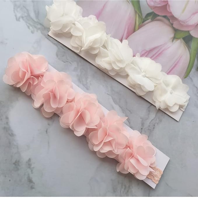 Jilukibo Baby Elastic Lace Bows Flower Headbands, Stretch Gold Princess Floral Hair Band Headwear for Infant Girls Toddler Hair Accessories (2 Pack, White Pink)