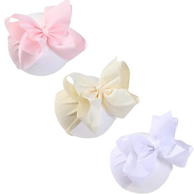 3 Pcs Baby Girls Headband Bows, Soft Nylon Hairbands Cute Big Bow Super Elastic Headband For Baby Girls Newborn Infant Toddlers (Beige Pink White, Large)