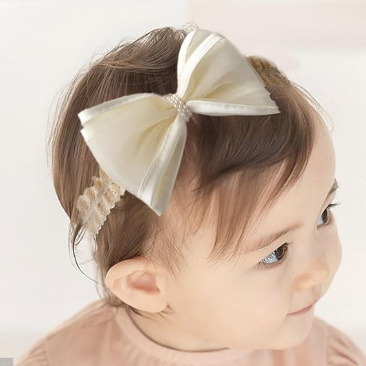 Cute Baby Girl Lace Headband Lace Bow Hair Accessories Elastic Bow Head Wrap for Newborn Infant Toddler Christening Baptism Party Hair Accessories for 0-36 Months (Ivory F, Free)
