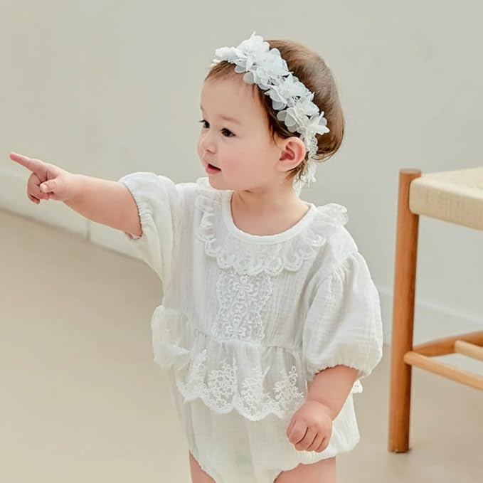 Floral Lace Hair Bow for Baby Girls Soft Stretch Headband for Newborns to Toddlers Baby Shower Birthday Hair Band 0-36 Months (White flower, Free)
