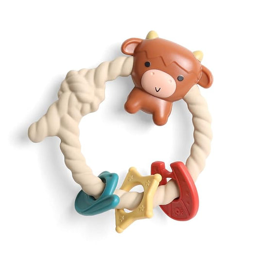 Itzy Ritzy Silicone Teether with Rattle – Rattle Teether Features Rattle Sound, Three Silicone Teething Rings and Raised Texture to Soothe Gums – Ages 3 Months and Up (Highland Cow)