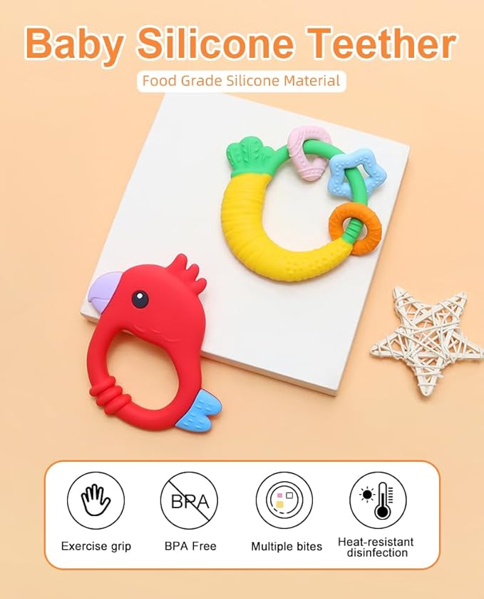 Baby Teether with Easy-Hold Handle, Silicone, BPA-Free, Soothe Sore Gums, Textured for Sensory Development, Teethable Surfaces - Baby Teething Toy for 3 Months & Up (Raddish and Bird)