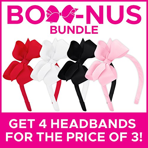Wee Ones Girls' Classic Grosgrain Headbands with Grosgrain Bows and a Plain Wrap Center, 4 Pack, Medium Bows, Red, White, Black and Pearl