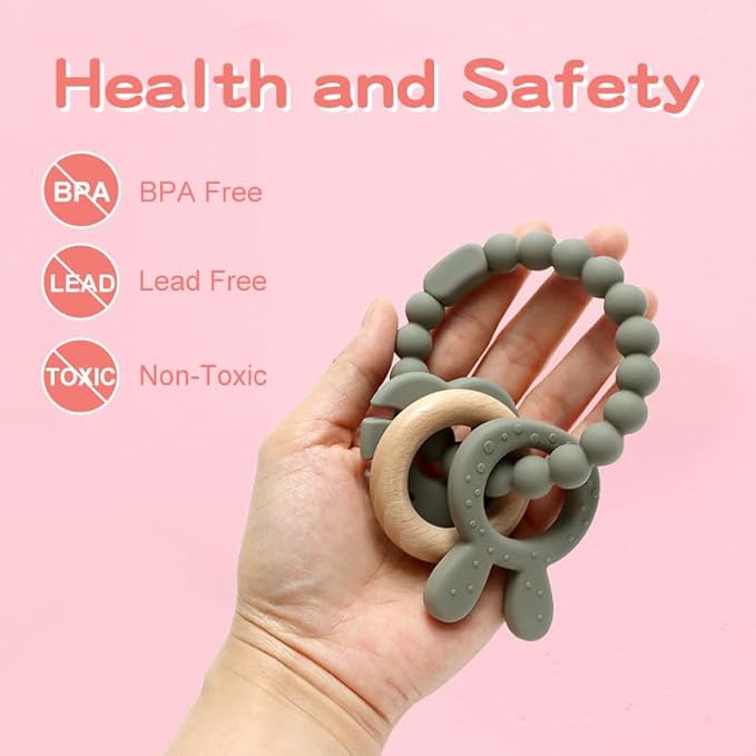 | Bohemian Teether | Baby Teether | Sensory Exploration and Teething Relief | 100% Food-Grade Silicone Teether Toy | BPA Free | Chewbeads | Silicone with Beechwood Ring | (Sage)