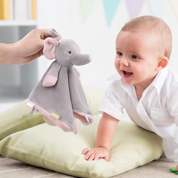 Vicloon Elephant Baby Plush Security Blanket with Tags&Teether, Blanket for Boys&Girls, Hang on Nursery Strollers, Cribs, Car Seats (Grey)