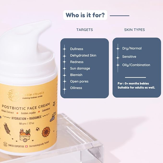 Little Rituals Baby and Kids Post-Biotic Face Cream Moisturiser - Hydration + Radiance, Formulated with Golden Millets, Jojoba, Calendula, Natural, Organic, Dermat Tested, Swiss Technology (50 gm)