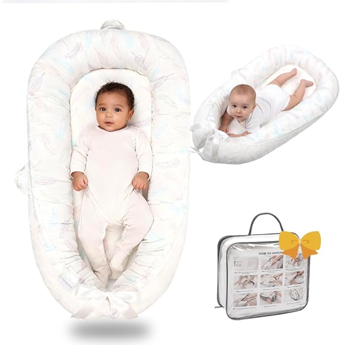 Infant Support Cushion-Breathable and Soft Organic 100% Cotton, Portable Tummy Time Mat with Removable Support Cushion Cover, Floor Baby Support Cushion for Newborn - Purple Feathers