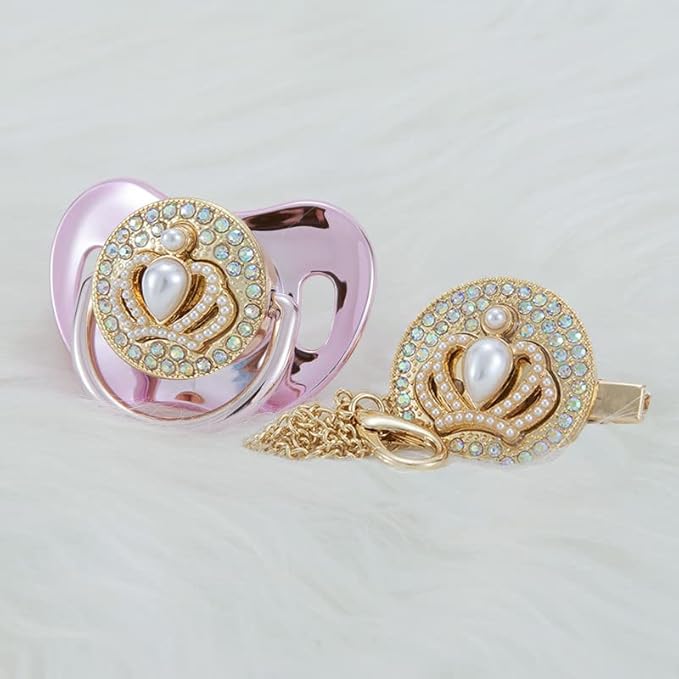 3D Bling Diamond Crown Pacifier and Clip Set Luxurious Dummy Ideal Gift for Baby Show New Born