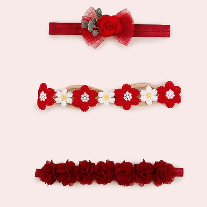 cherrboll Baby Girl Nylon Headbands, 3Pcs Handmade Floral Hair Bows, Stretchy Flower Hairbands for Newborns Infants Toddlers Christmas