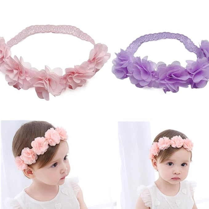 Jilukibo Baby Elastic Lace Bows Flower Headbands, Stretch Gold Princess Floral Hair Band Headwear for Infant Girls Toddler Hair Accessories (2 Pack, Purple Pink)