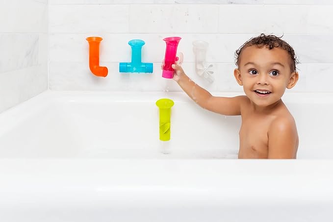 Boon Pipes Toddler Bath Toys - Interactive Toddler Sensory Toys - Suction Bath Toys for Hand Eye Coordination and Fine Motor Skills - Multicolored - 5 Count- Ages 12 Months and Up