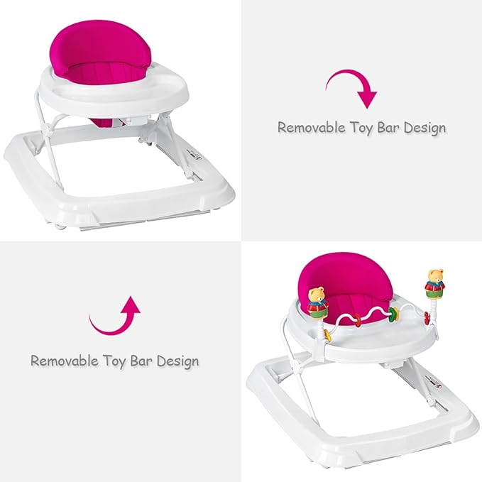 Baby Walker, Collapsible Baby Activity Walker with Walking Toys & 3-Levels Adjustable Height, Comfy High Back Seated Baby Walker with Wheels for Boys & Girls (Pink)