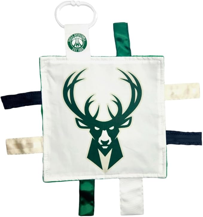 The Learning Lovey Milwaukee Bucks Baby 8x8” Tag Toy - NBA Basketball - Baby Sensory Crinkle Toys - Soft & Safe - Ideal Baby Stroller Toy - BPA Free w/Stroller Clip (8" x 8" Tag Toy)