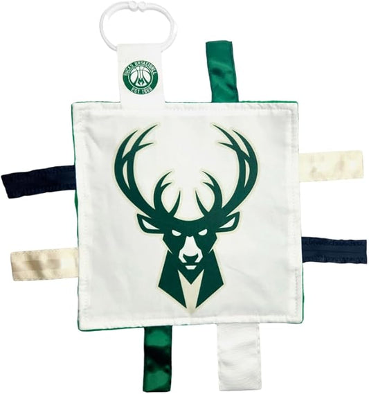 The Learning Lovey Milwaukee Bucks Baby 8x8” Tag Toy - NBA Basketball - Baby Sensory Crinkle Toys - Soft & Safe - Ideal Baby Stroller Toy - BPA Free w/Stroller Clip (8" x 8" Tag Toy)