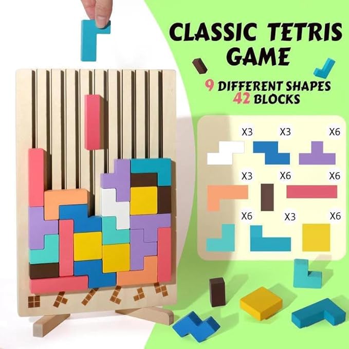 Wooden Stacking Puzzle Toy, 42 Pcs 3D Montessori Russian Blocks Puzzles for Toddlers 3+ Years Old, Brain Teaser Educational Travel Game for Kids, Logic Intelligence Development Gift