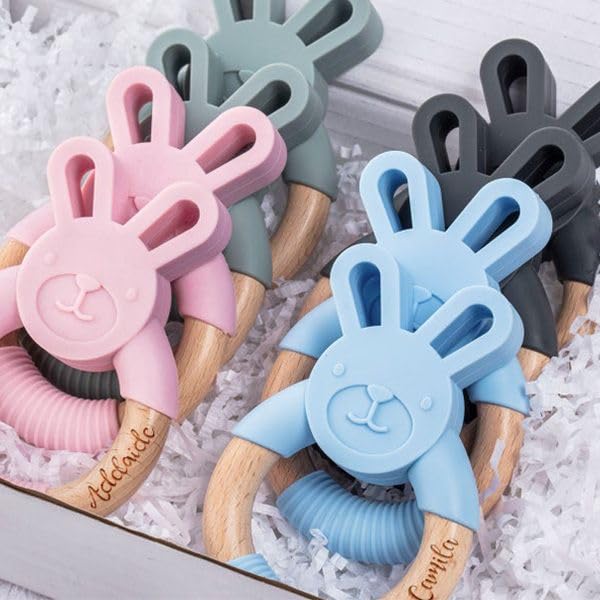 Personalized Engraved Bunny Silicone Teether For Baby, Custom Easter Bunny Wooden Silicone Bunny With Name Sensory Toy Wooden Ring Baby Shower Gifts Easter Gifts Christmas Gifts