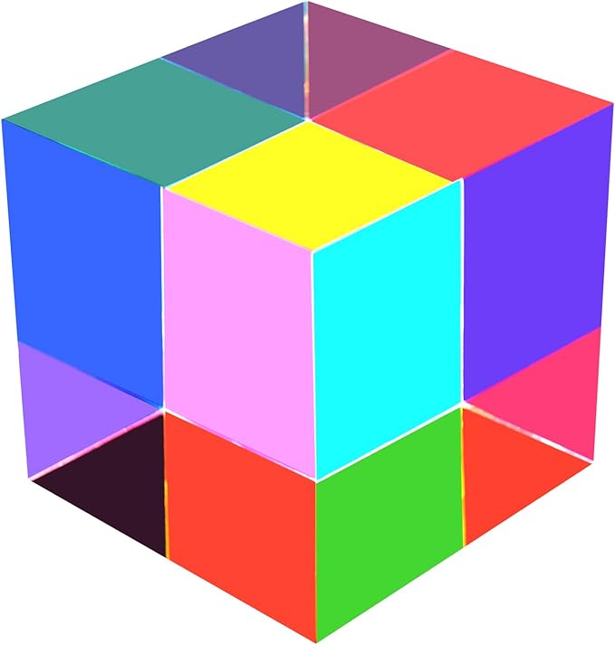 CMY Colorful Cube, 3.15 inch (80mm) Acrylic Mixing Color Cube Prism for Physics Education Learning and Office Desktop Decor, Scientific Toys and Gifts for Kids