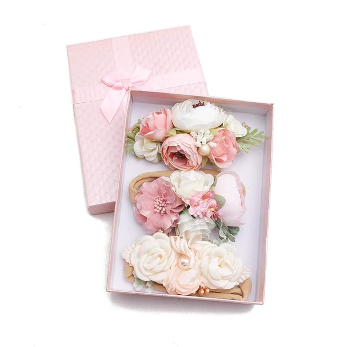 OOSAKU Baby Girl Flower Headbands Set Elastic Floral Headbands 3pcs Soft Nylon Hair Band for Newborn Toddler Hair Accessories