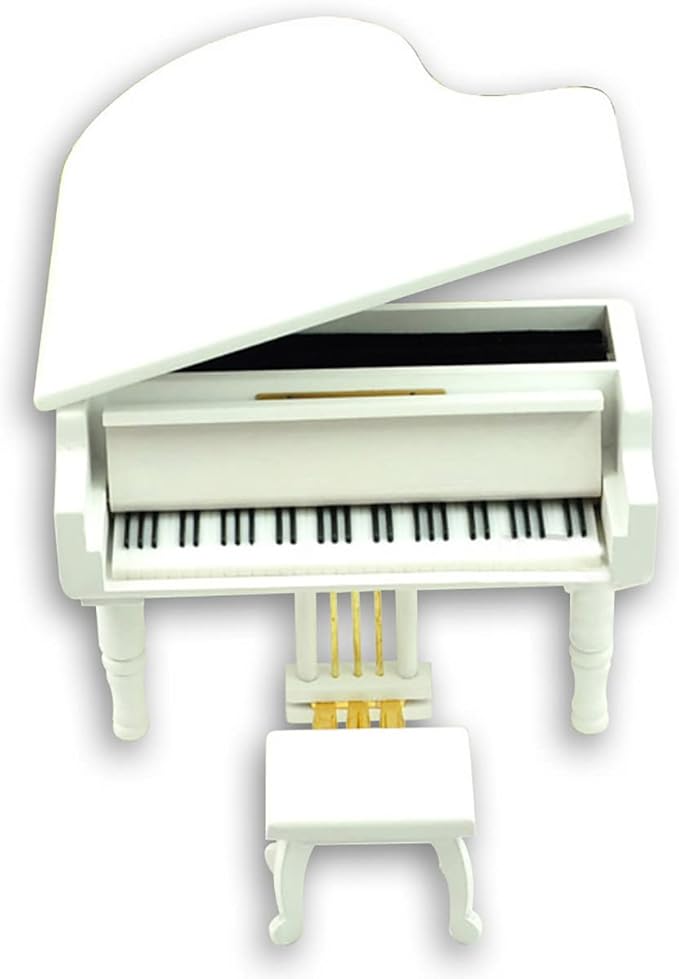 BinkeGG Play (Twinkle Twinkle Little Star) White Wooden Grand Piano Wind up Music Box with Sankyo Musical Movement (65 Tunes Option)