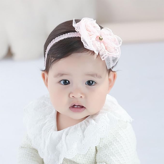 Lace Flower Bow Baby Girls Headband Pink Knot Infant Wrap Soft Chiffon Elastic Baby Turban Hair Band for Newborn Infant Toddler Kids (Pink D)