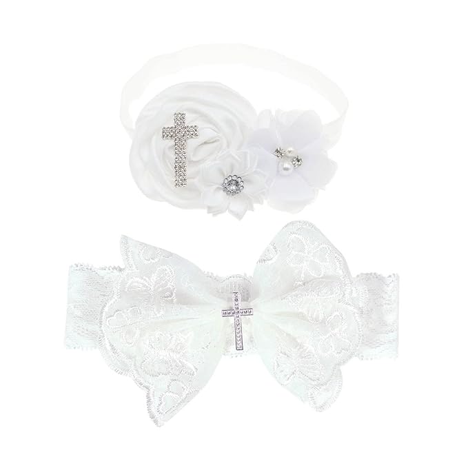 BBTDIN Baptism Christening Headbands Baby Girls Flower Lace Hair Hand White Bow BBG11 (B3-Cross Set)