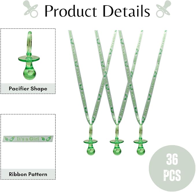 36 Pieces It's a Girl Baby Shower Pacifiers Necklace Acrylic Baby Party Favors Charm Pacifiers Necklace Baby Shower Party Decorations Table Scatter (Green)