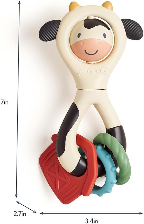 Itzy Ritzy Spinner Rattle Toy – Cow Design Sensory Teething Rattle Includes Spinning Face, Clicks, Rattles & Textured Teethers – Designed for Ages 3 Months and Up (Cow)