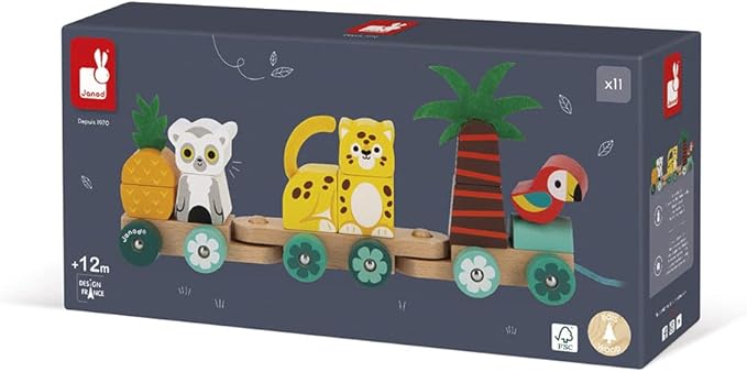 Janod - Tropik Tropical Pull-Along Train - 11 Pieces and 3 Cars - Ages 1 Year + J08272