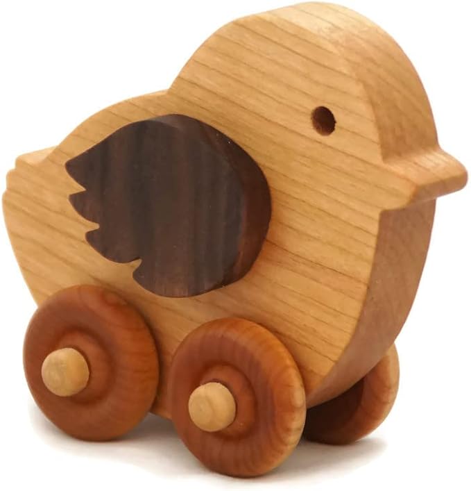 Wooden Chicken Toy Car – Easter Basket Gift for Toddlers & Kids, Handmade Wooden Push Toy, Natural Wood Farm Animal Toy