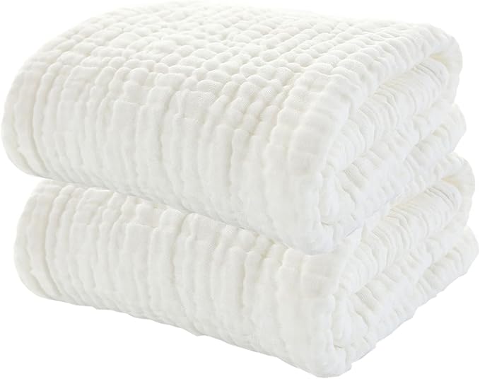 YEBON ProC 2Pcs Baby Muslin Bath Towels, Super Soft Cotton Bath Towel 6 Layers Infant Newborn Swaddle Blanket 41.3 X41.3 Inches,Baby Registry as Shower (White)