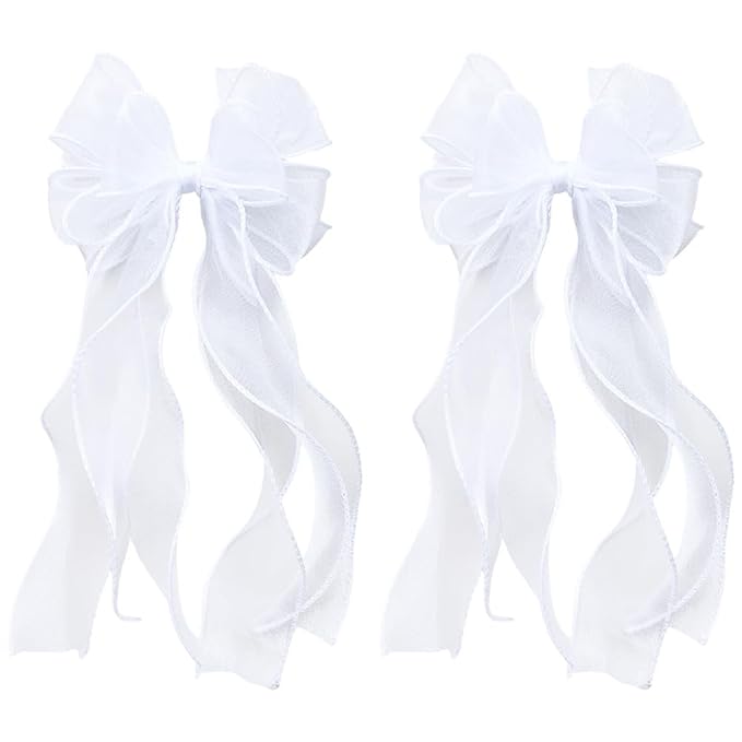 2Pcs White Ribbon Bow Hair Clips Flower Girl Long Layer Bow Barrette Alligator Clip Bridal Birthday First Communion Headwear Accessories for Baby Girls