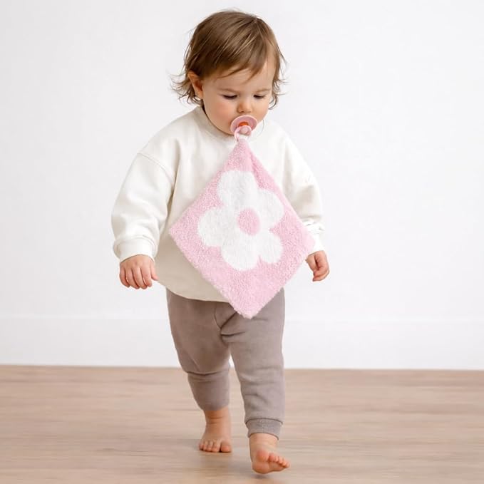 L+L USA Retro Flower Baby Lovey Pacifier/Teether Holder 10"x10" - DreamSoft Plush Fluffy Cuddly Soothie Reversible Mini Comfort Blanket - Cute Newborn Gift Essential Babies Boys Girls (Pink/White)