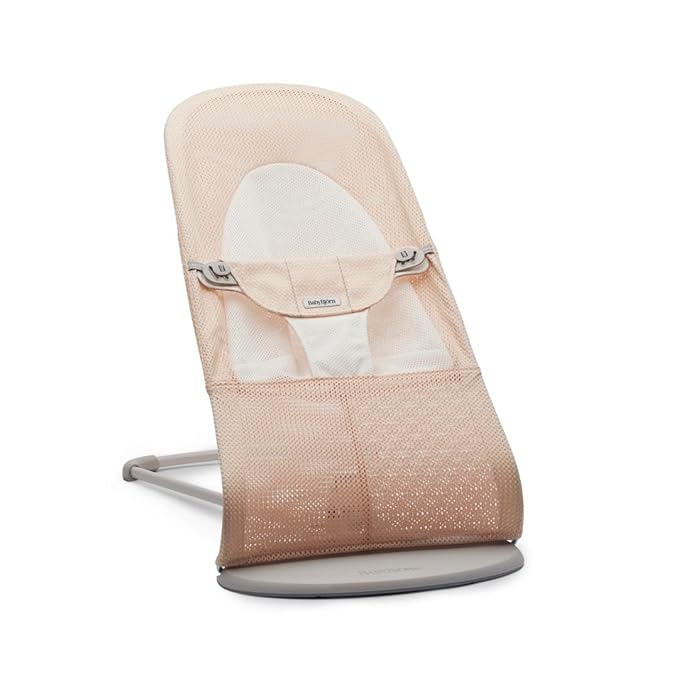 Askshy BabyBjörn Babywippe Balance Soft, Hellgrauer Rahmen, Netzstoff, Perlmuttrosa/Weiß